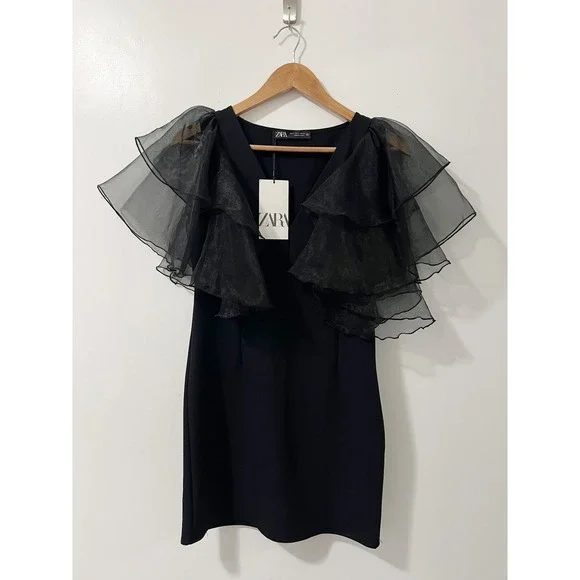 Zara Black Mini Dress Organza Ruffle Sleeve V Neck Party Cocktail Elegant - Picture 1 of 6